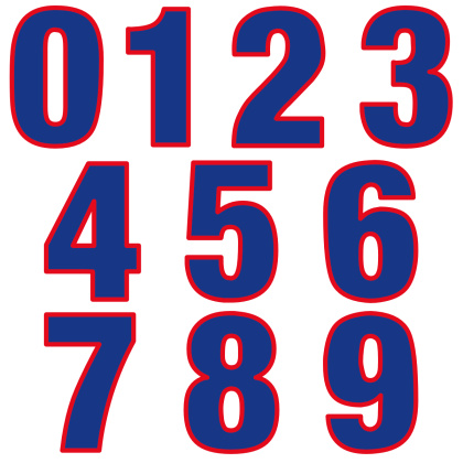 Nažehľovacie čísla potlač DTF – SADA – farba modrá s červeným lemovaním